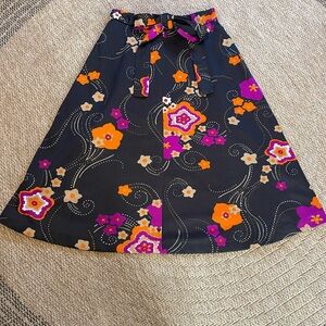Vintage 1970s Floral A-Line Skirt waist tie black, fuchsia, orange, tan, white